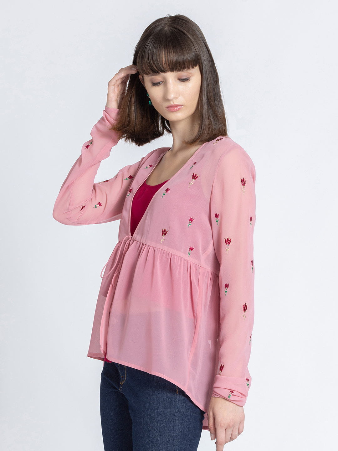 Pink Embroidered Shrug Kurti