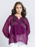 Purple Self Satin Stripe Gathered Kurti