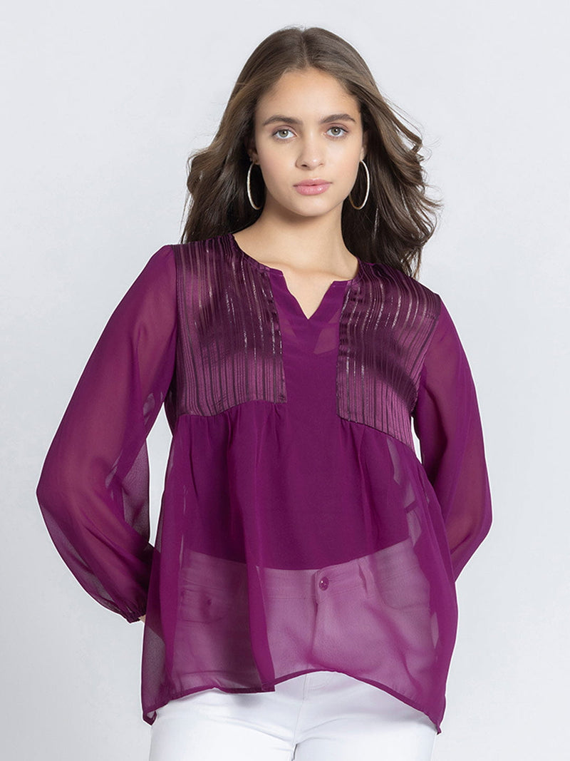 Purple Self Satin Stripe Gathered Kurti
