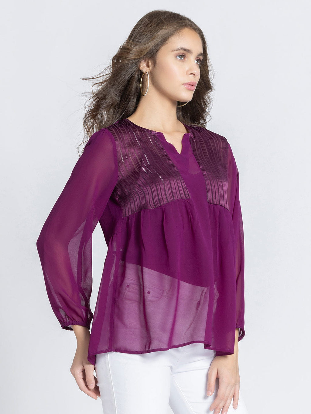 Purple Self Satin Stripe Gathered Kurti