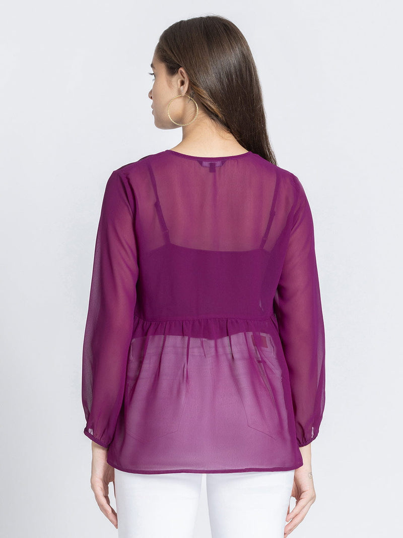 Purple Self Satin Stripe Gathered Kurti