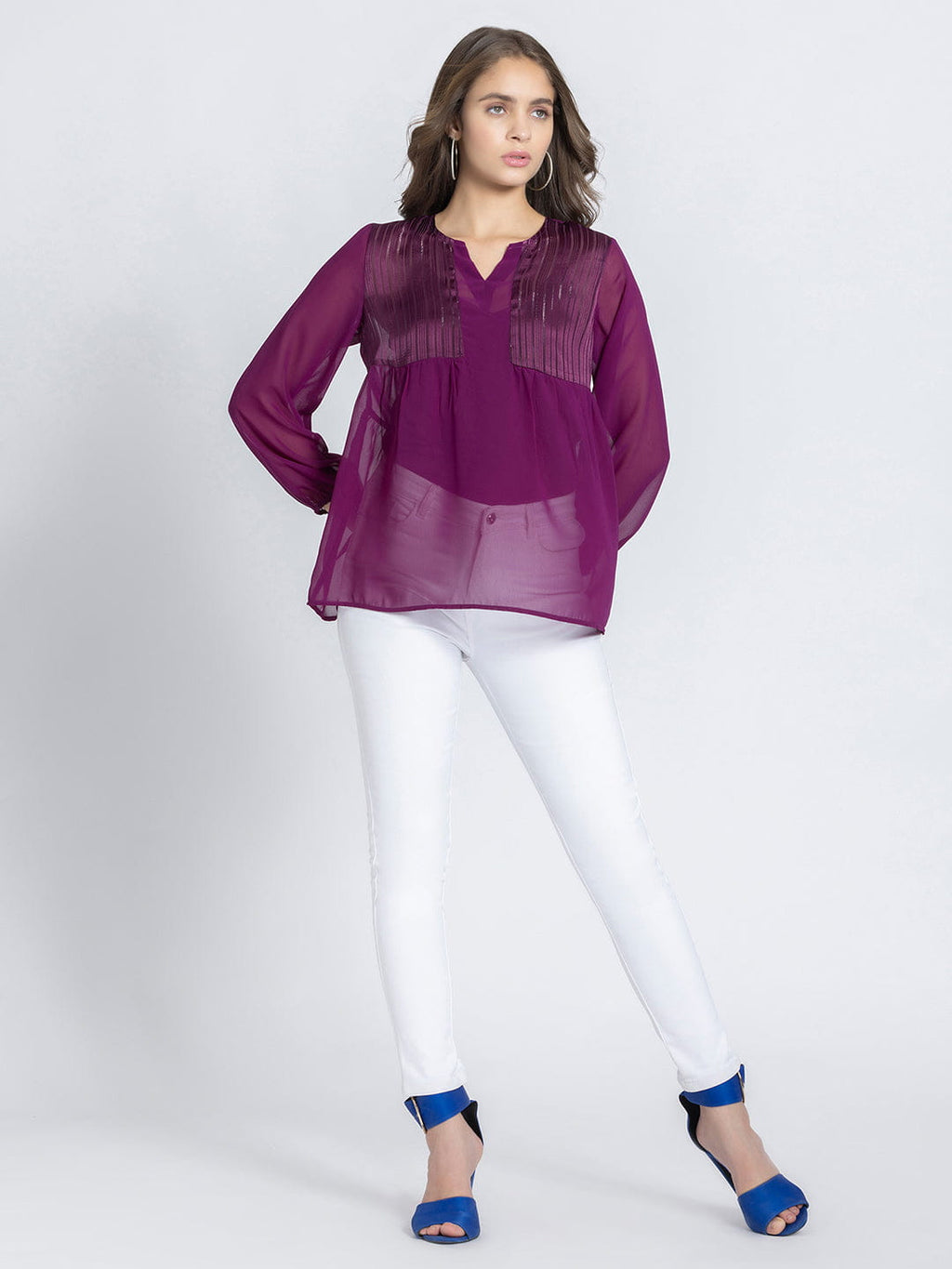 Purple Self Satin Stripe Gathered Kurti