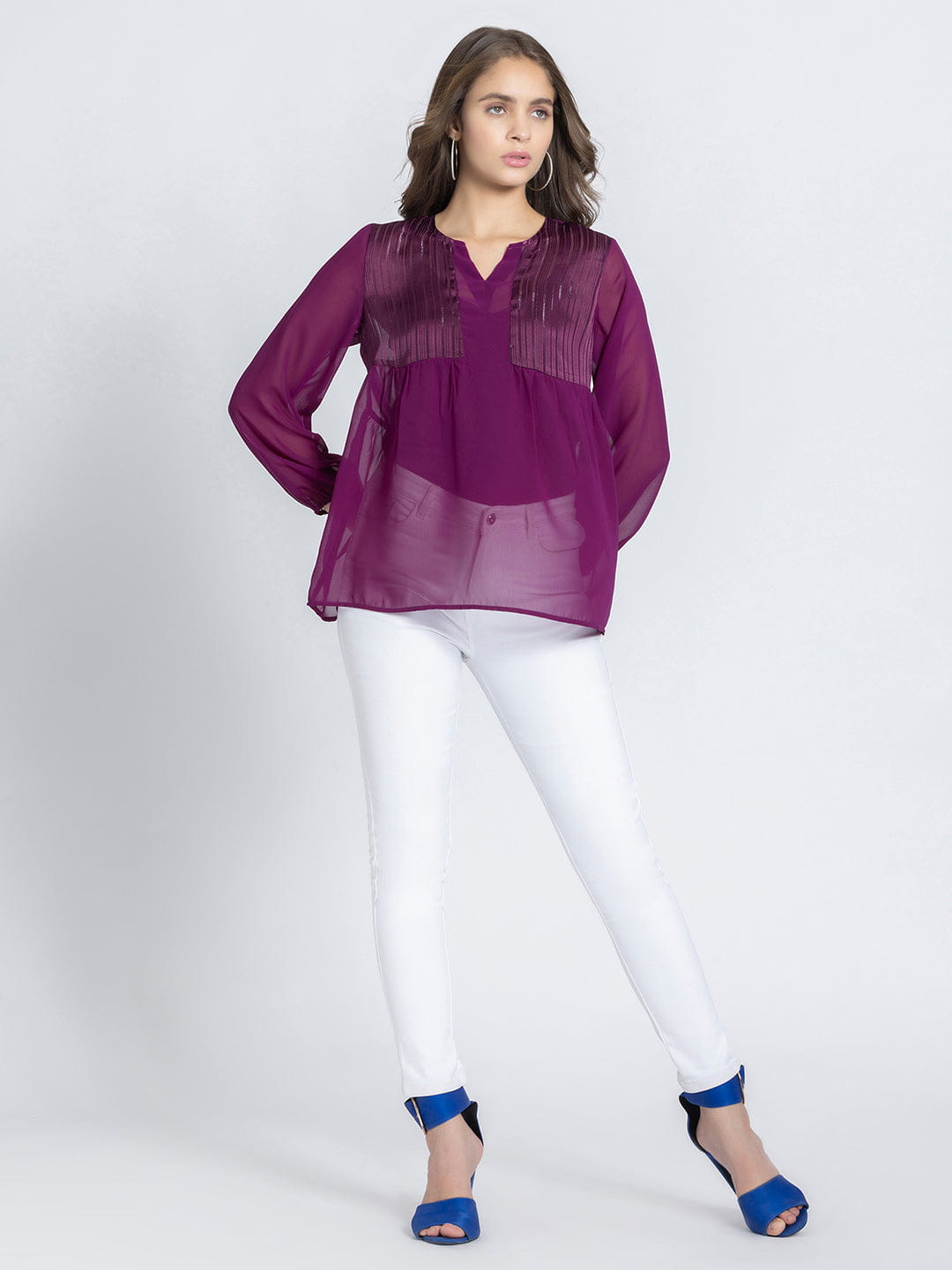 Purple Self Satin Stripe Gathered Kurti