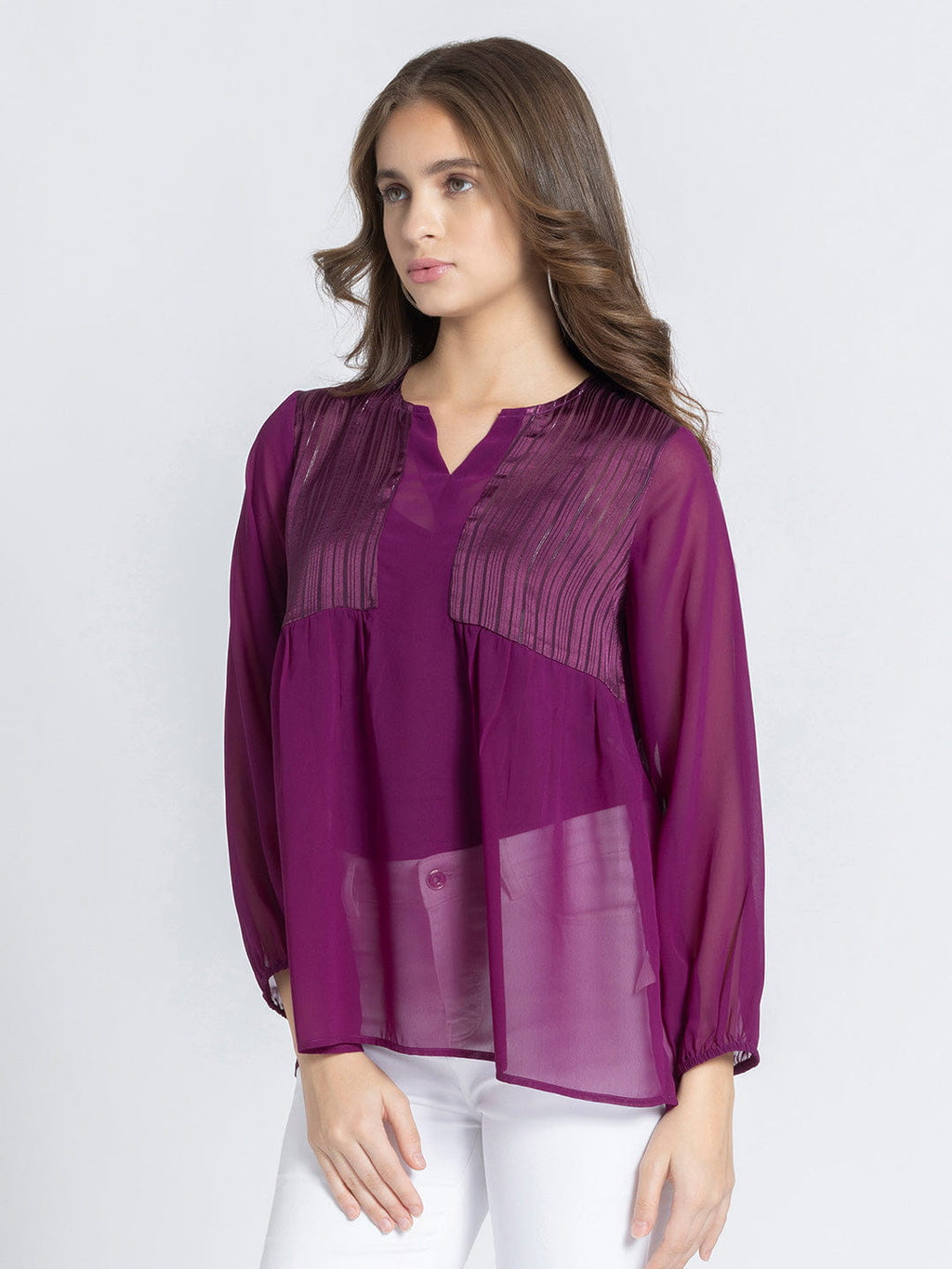 Purple Self Satin Stripe Gathered Kurti