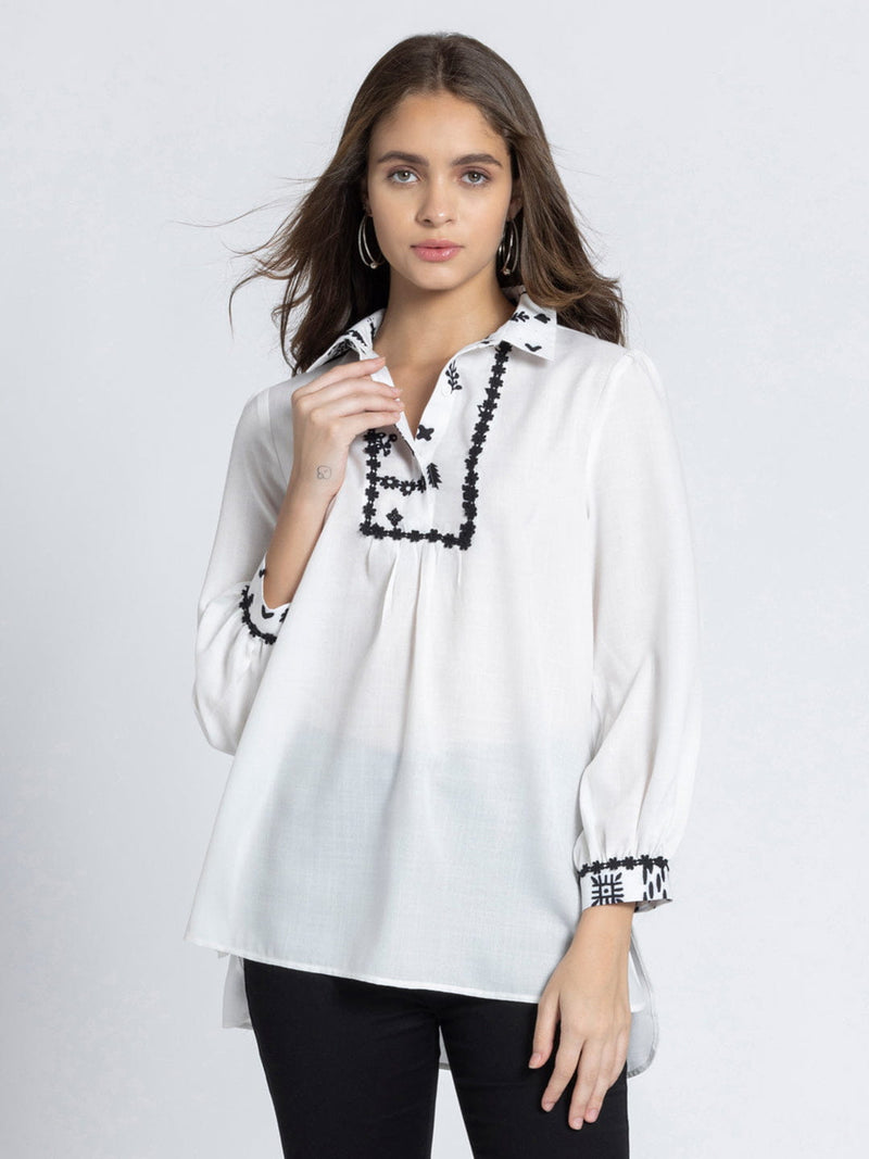 White Shirt Collar Floral Print Kurti