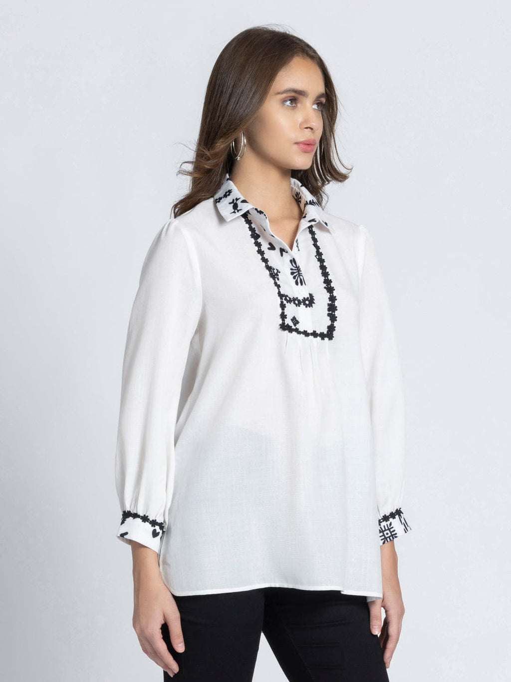 White Shirt Collar Floral Print Kurti