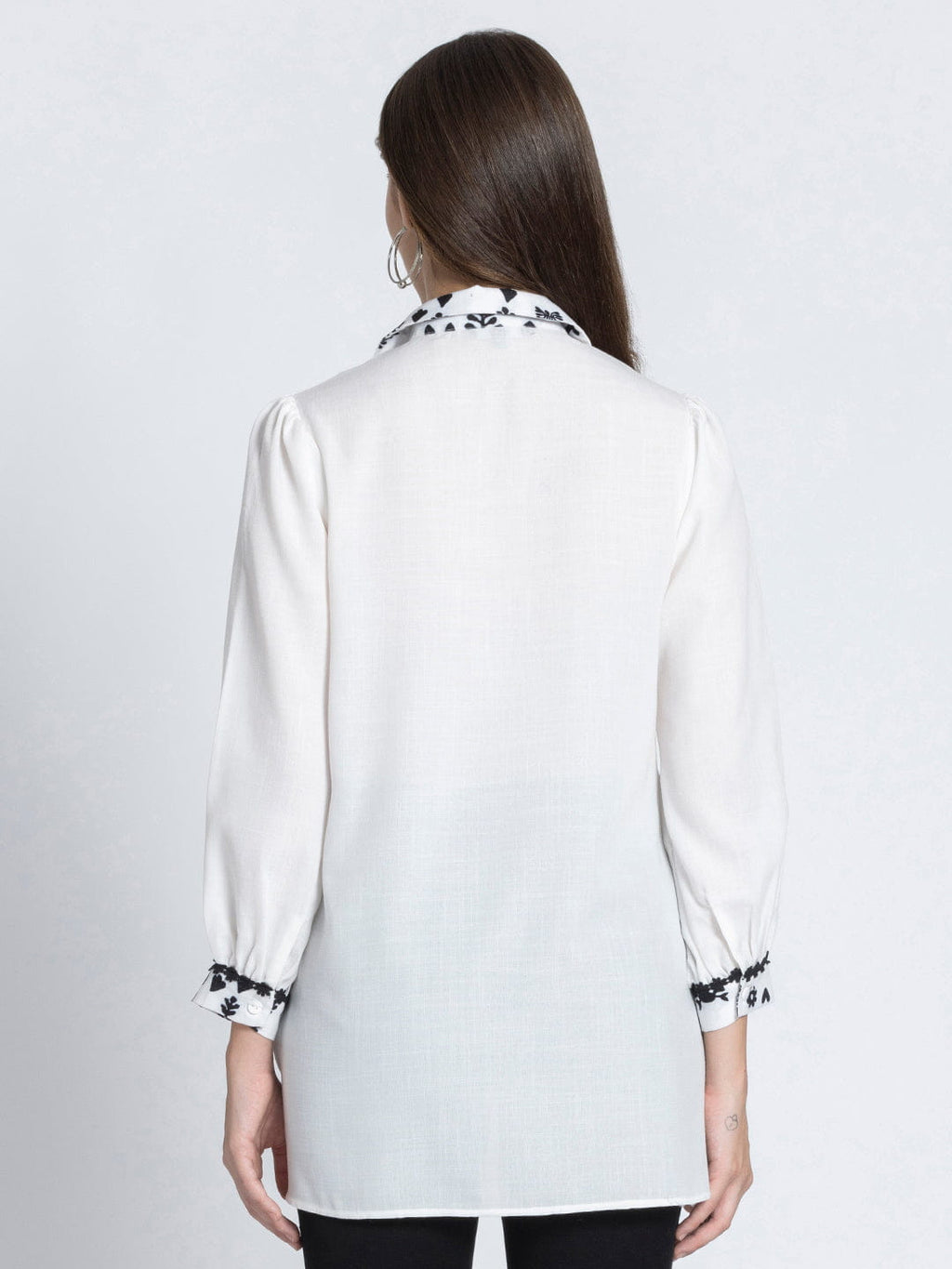 White Shirt Collar Floral Print Kurti