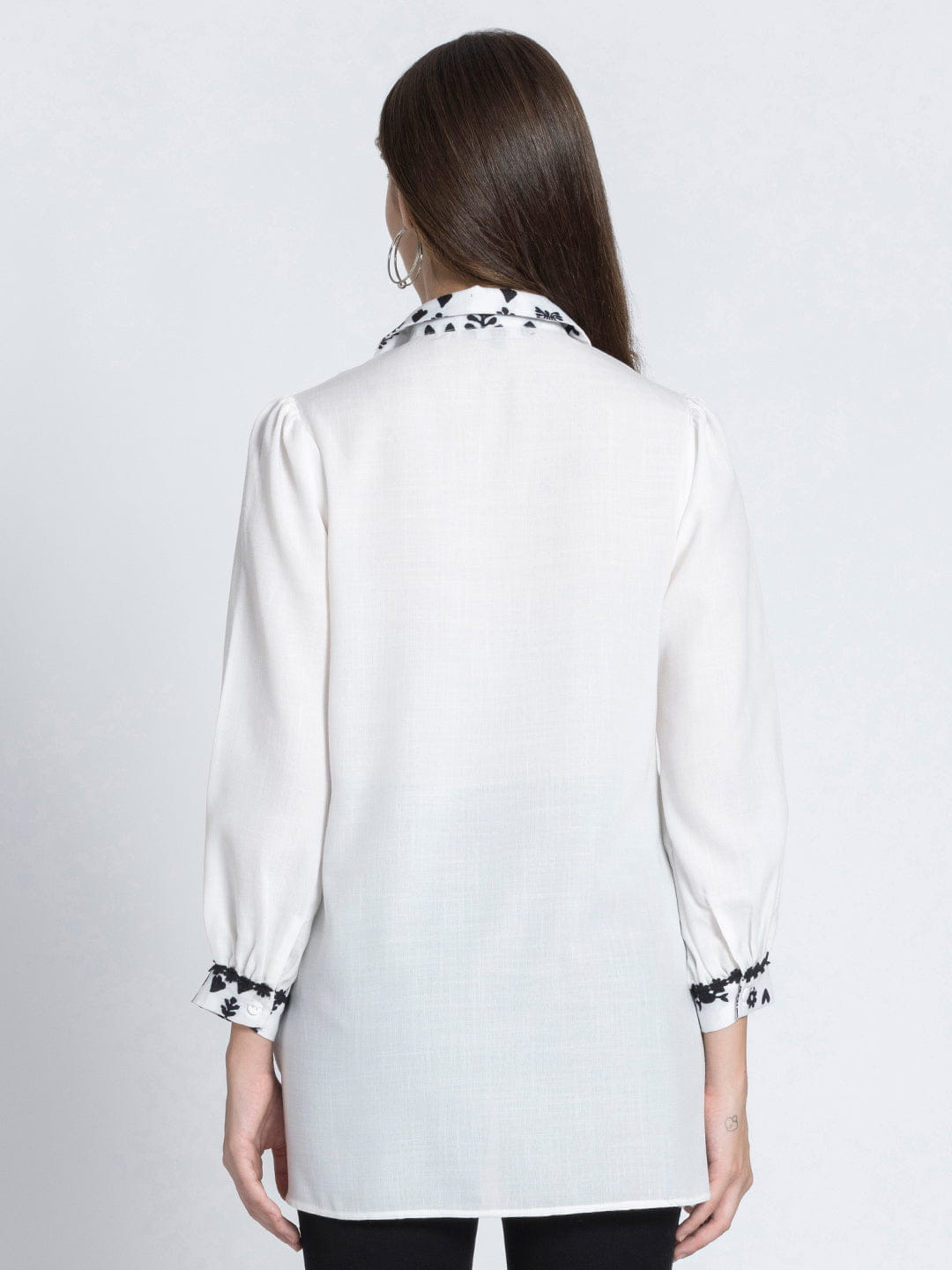White Shirt Collar Floral Print Kurti
