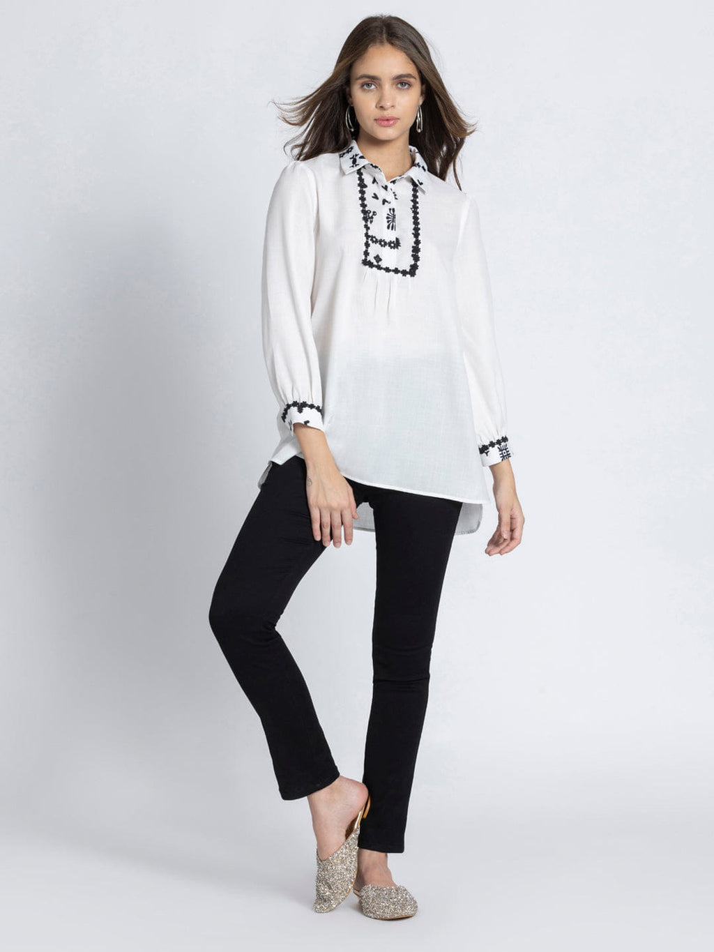 White Shirt Collar Floral Print Kurti