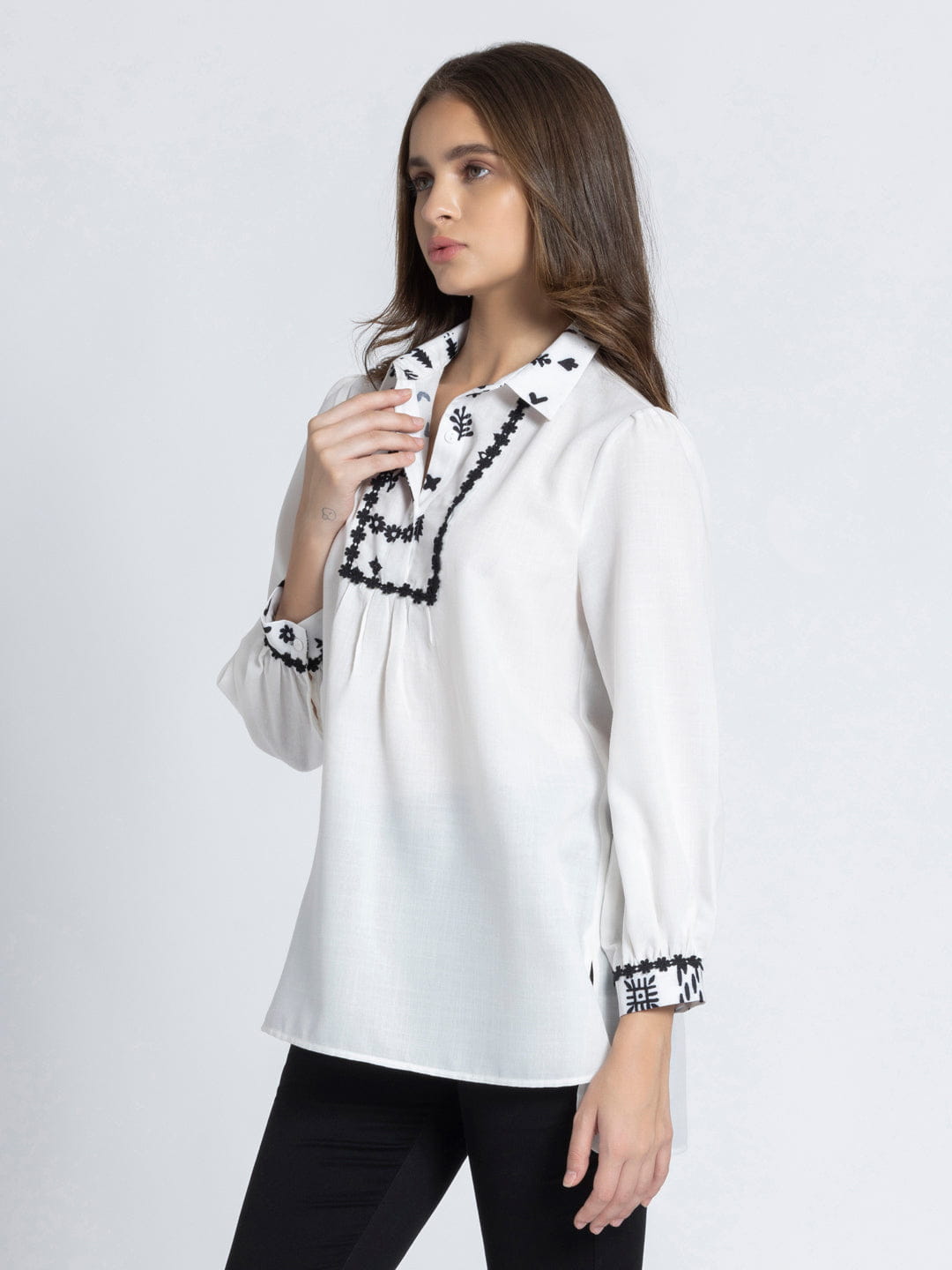 White Shirt Collar Floral Print Kurti