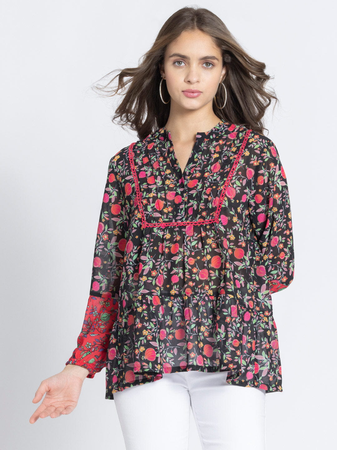 Black Poma Printed Tiered Georgette Kurti