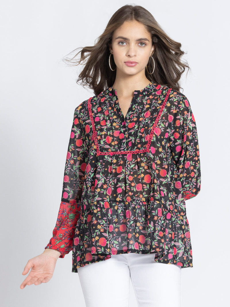 Black Poma Printed Tiered Georgette Kurti
