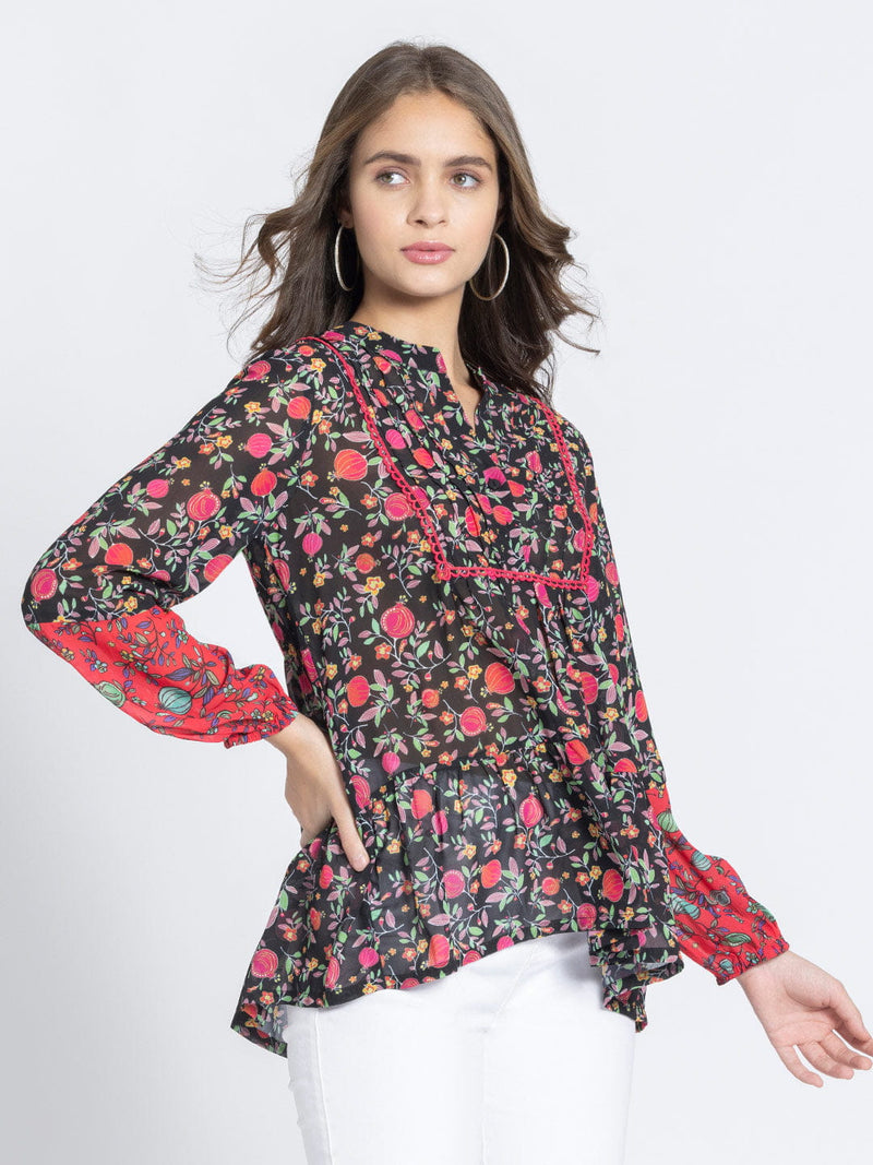 Black Poma Printed Tiered Georgette Kurti