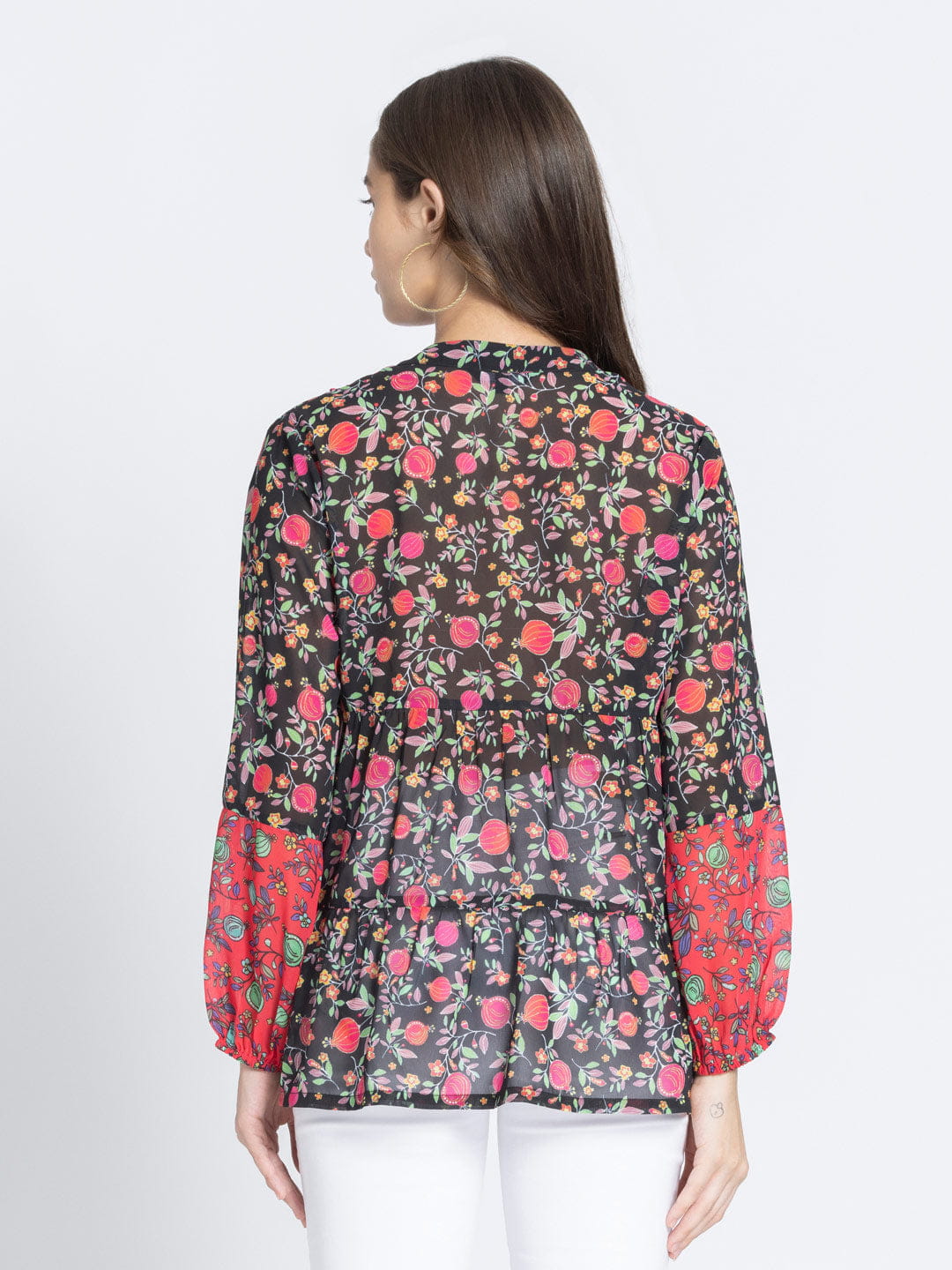 Black Poma Printed Tiered Georgette Kurti