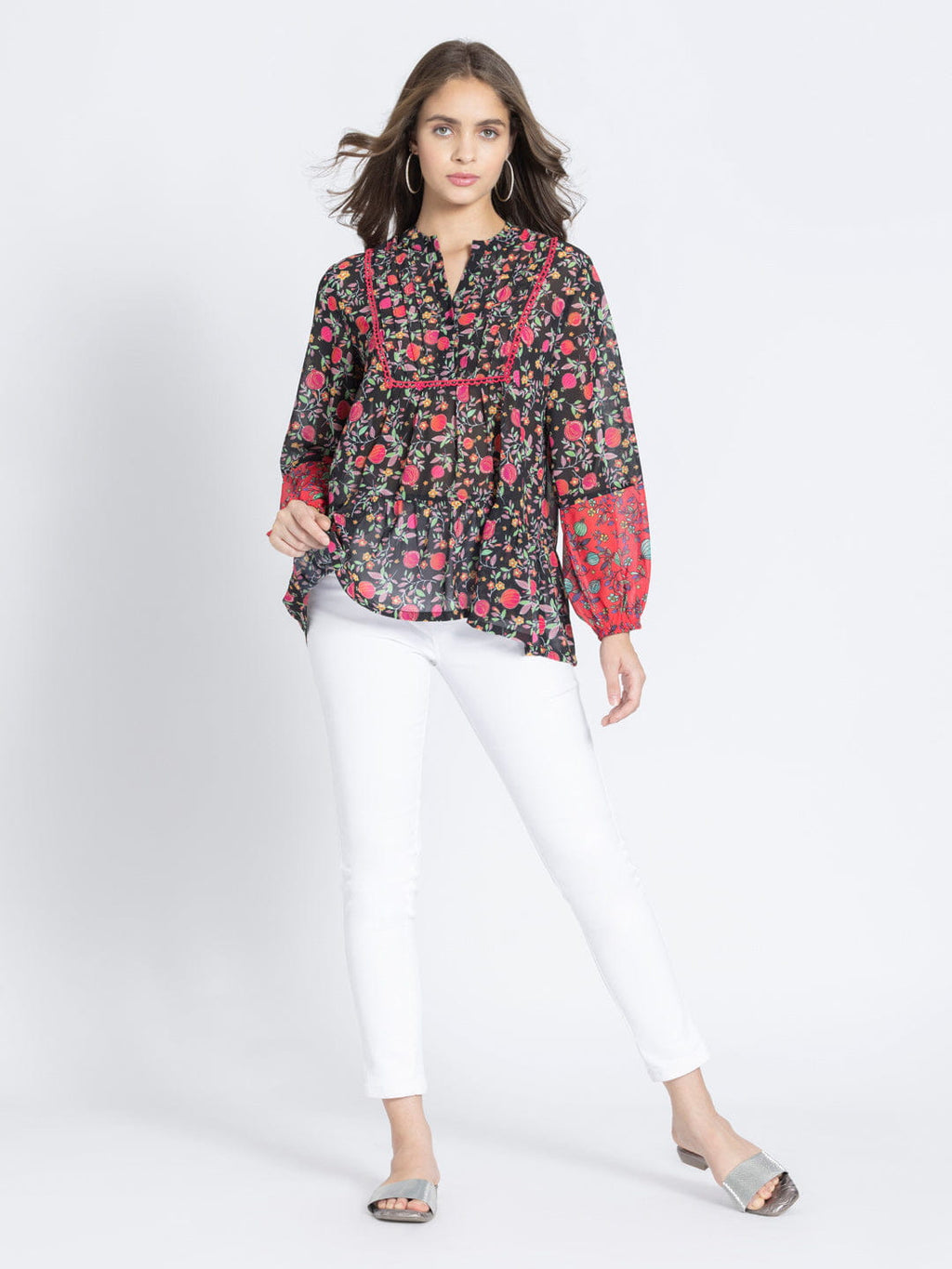 Black Poma Printed Tiered Georgette Kurti