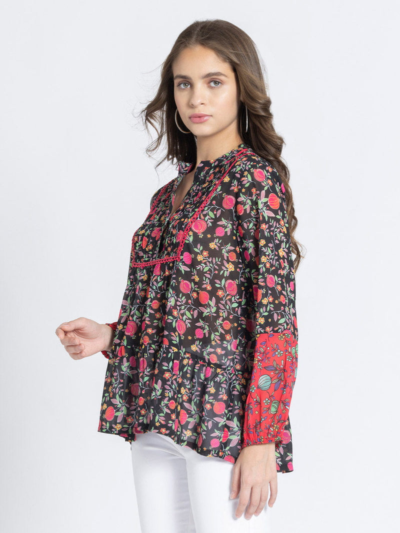 Black Poma Printed Tiered Georgette Kurti