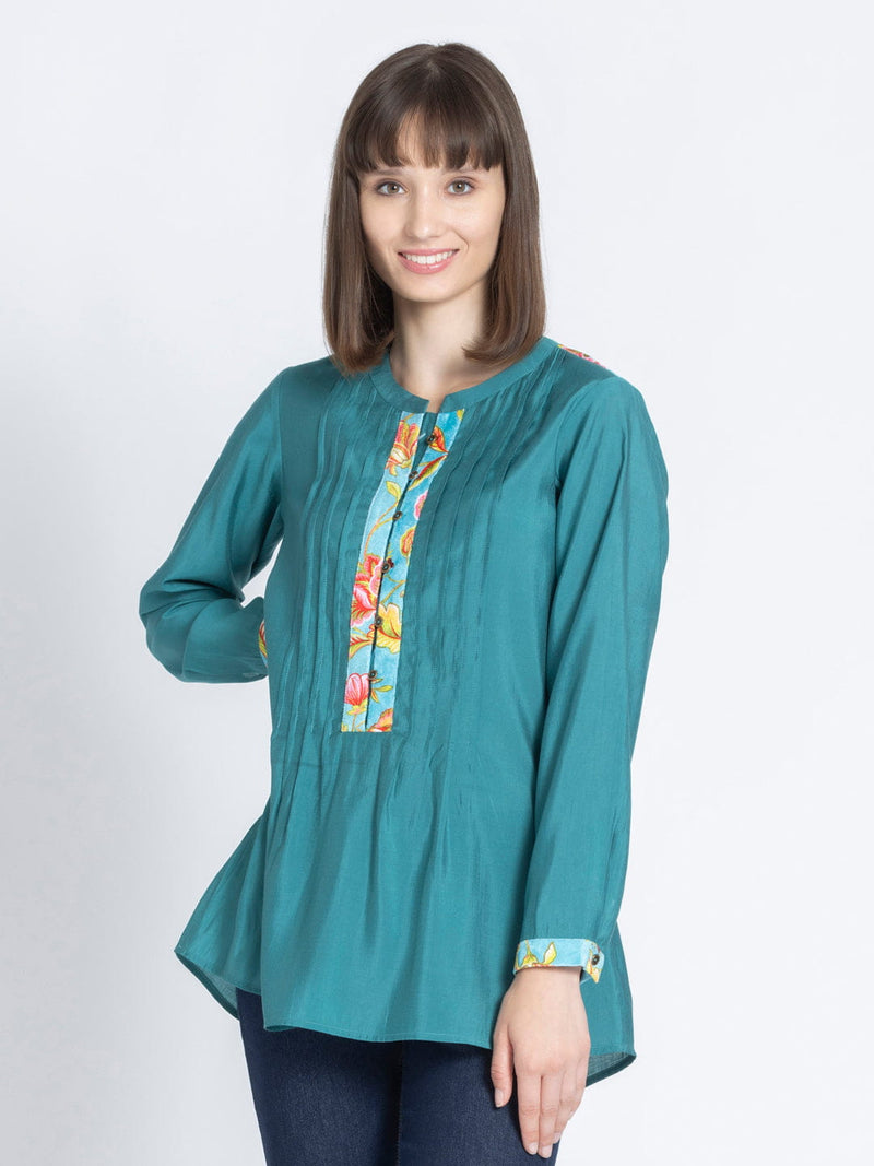 Green Pin-Tucks Straight Silky Kurti