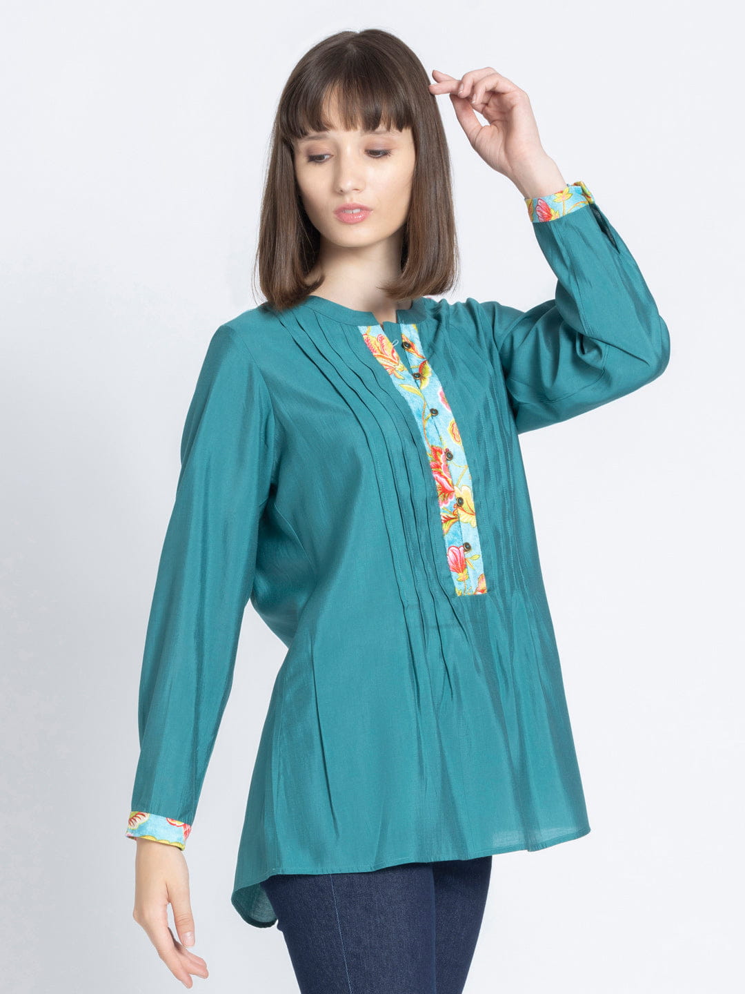 Green Pin-Tucks Straight Silky Kurti
