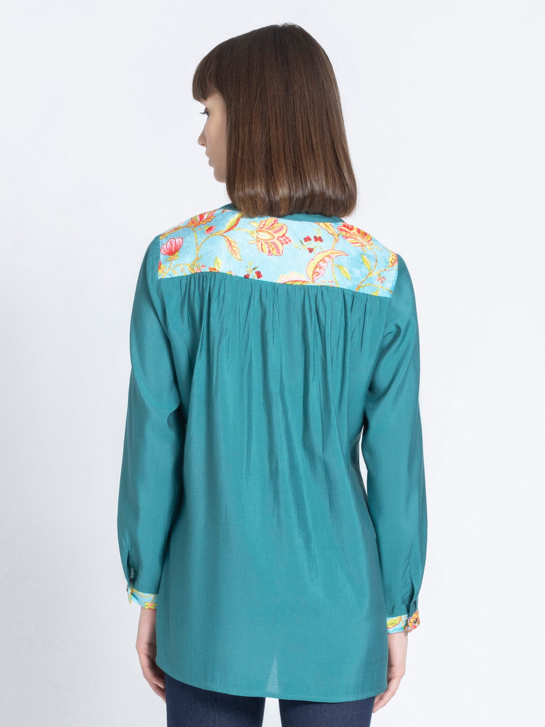Green Pin-Tucks Straight Silky Kurti