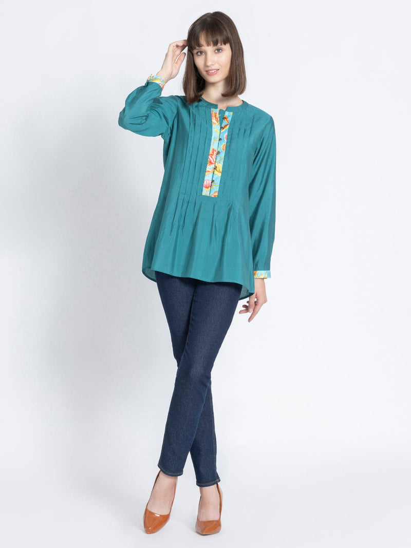 Green Pin-Tucks Straight Silky Kurti