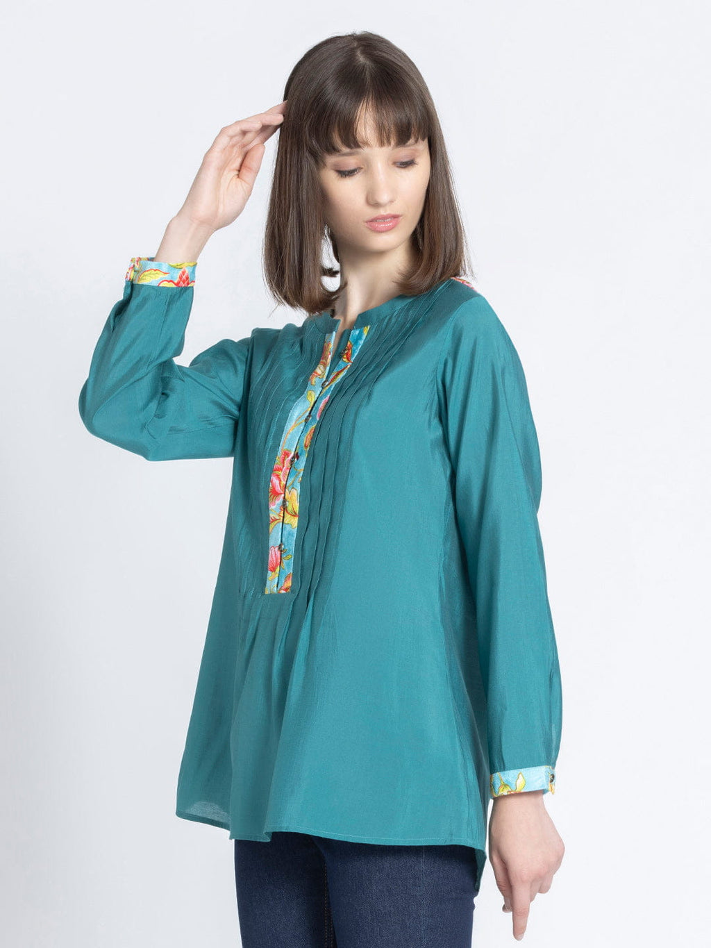 Green Pin-Tucks Straight Silky Kurti