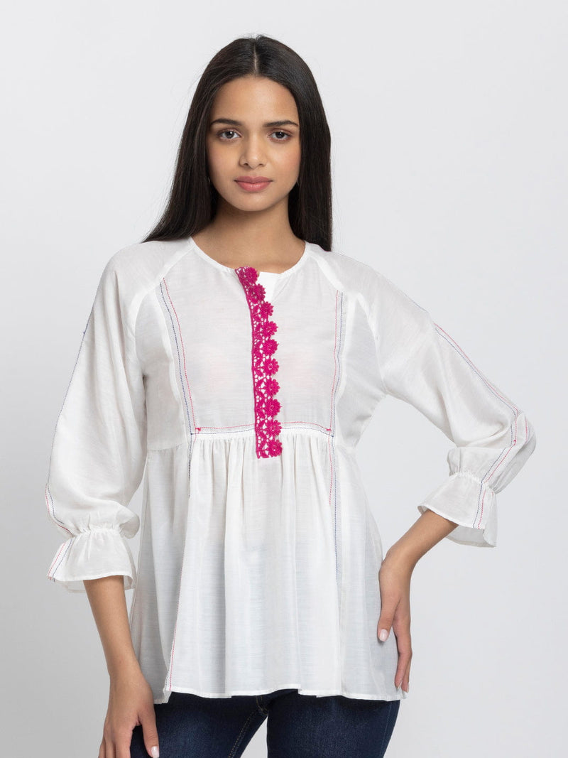 White Kantha Stitch Detailing Empire Waist Kurti