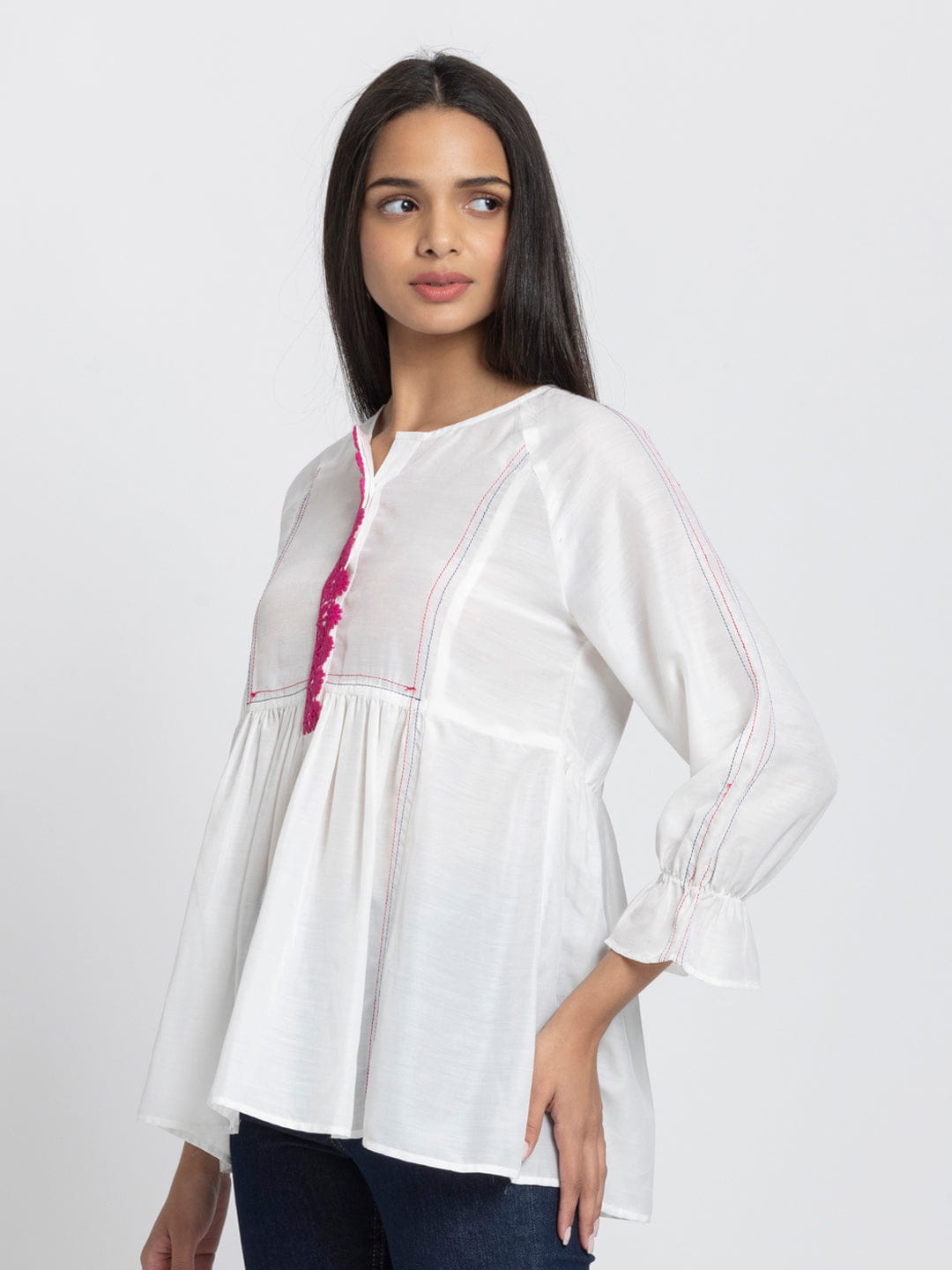 White Kantha Stitch Detailing Empire Waist Kurti