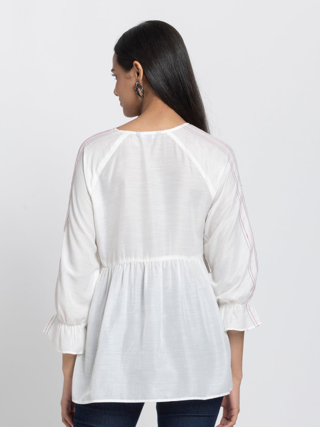 White Kantha Stitch Detailing Empire Waist Kurti
