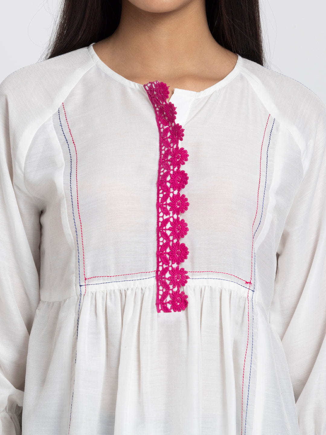 White Kantha Stitch Detailing Empire Waist Kurti