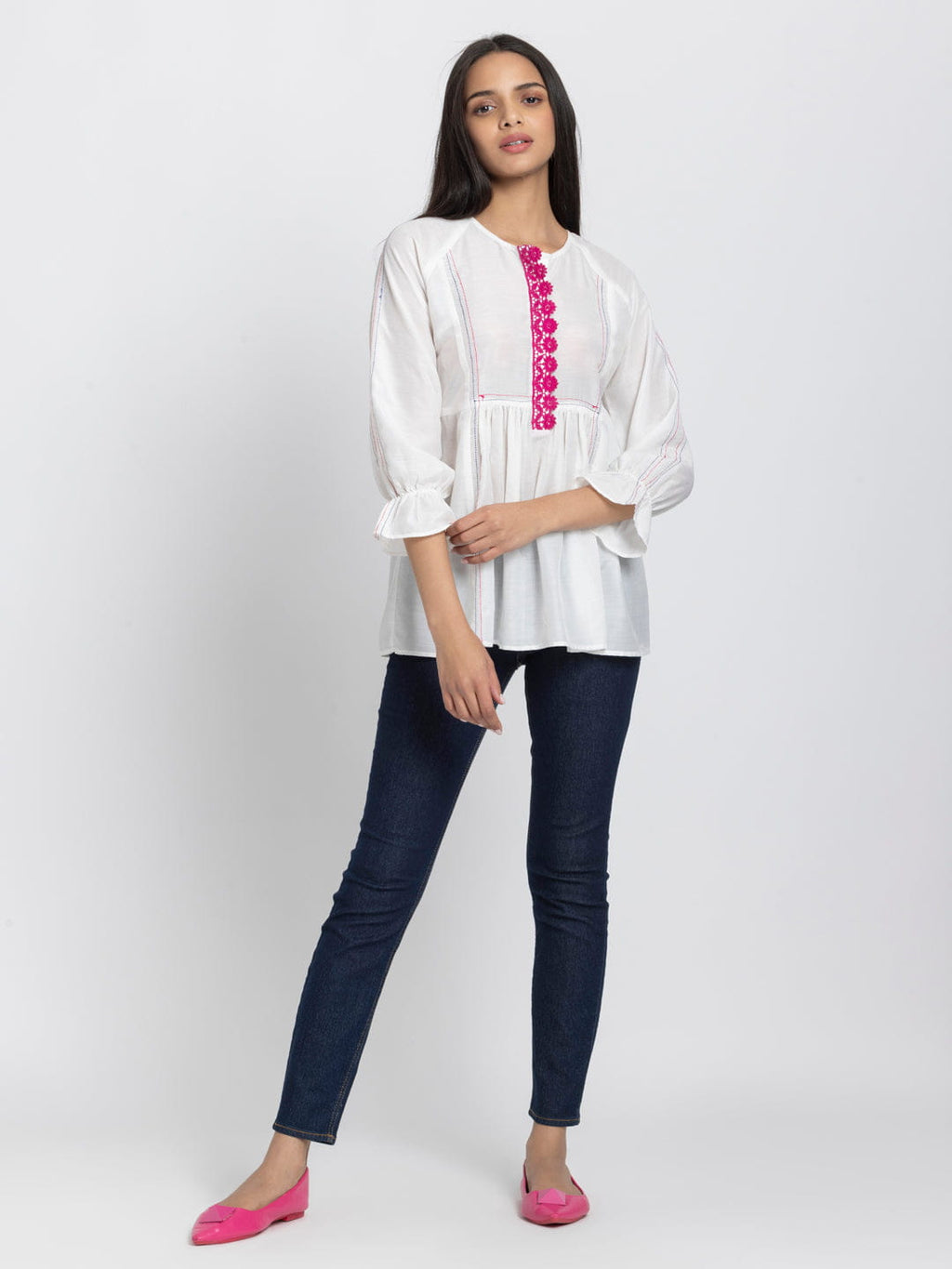 White Kantha Stitch Detailing Empire Waist Kurti