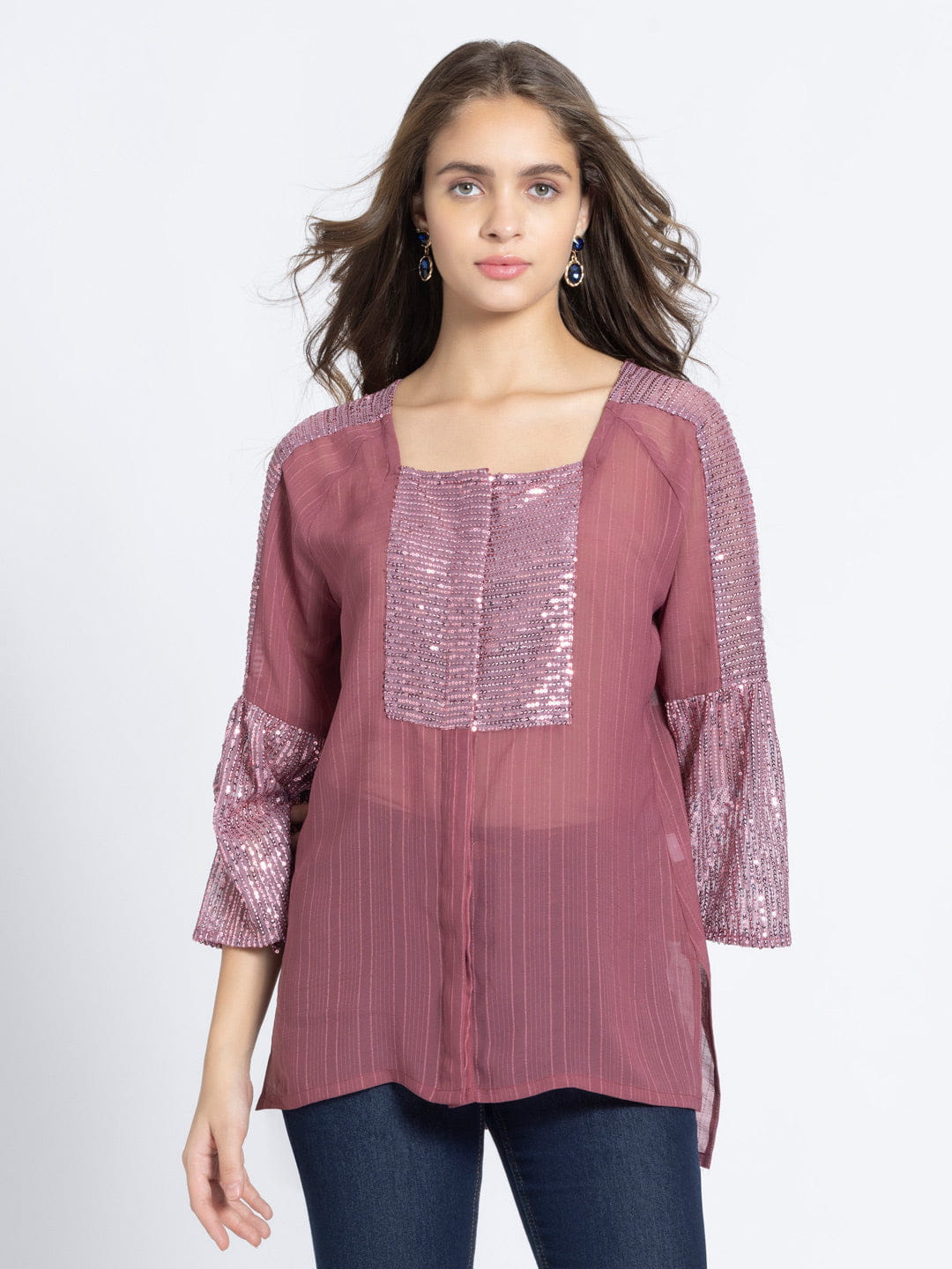 Dusk Rose Sequin Panelled Front Open Kurti