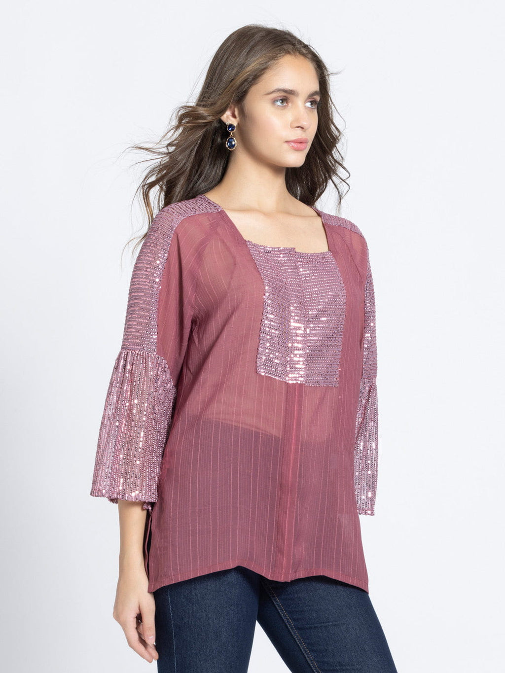 Dusk Rose Sequin Panelled Front Open Kurti