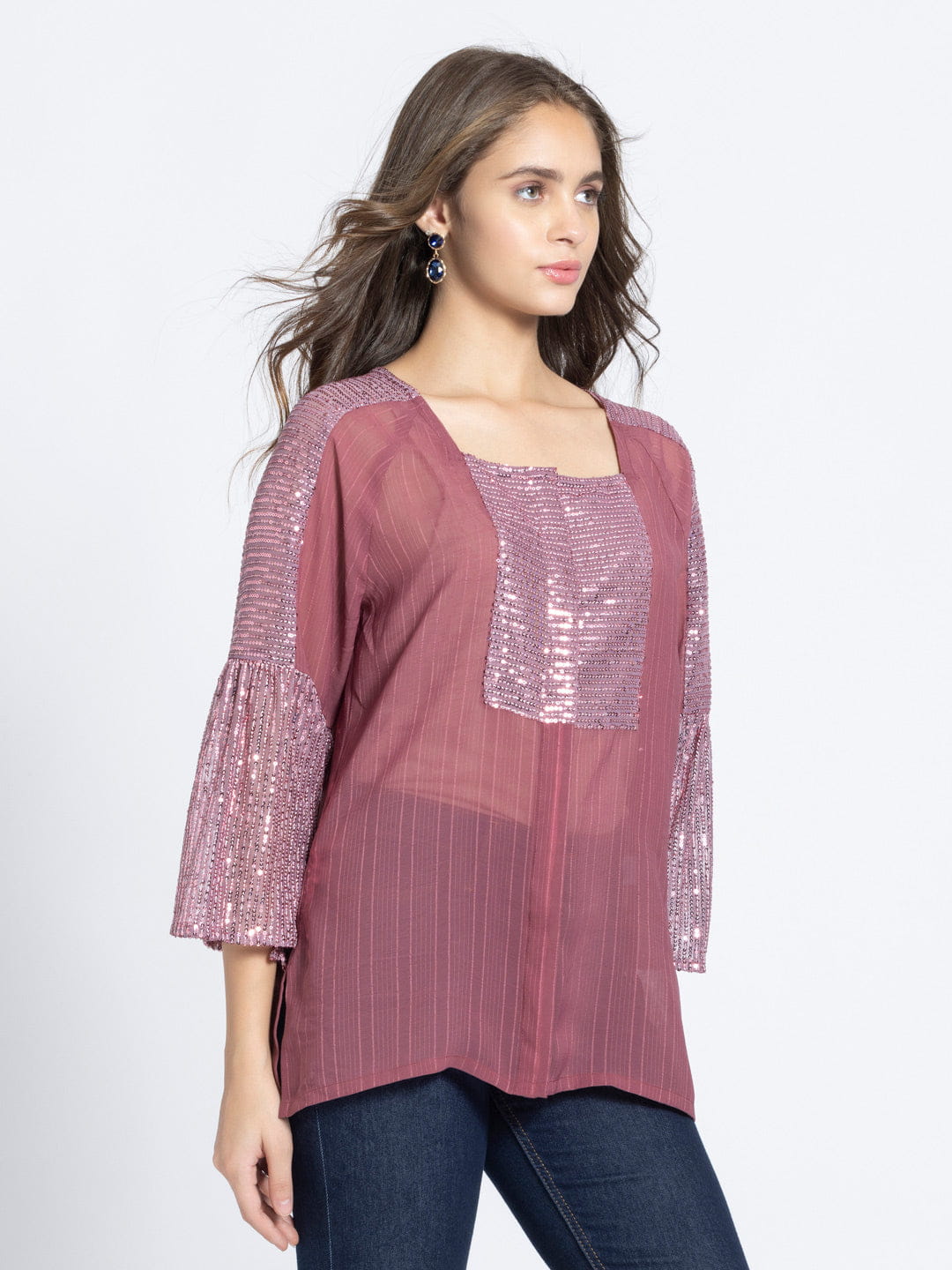 Dusk Rose Sequin Panelled Front Open Kurti