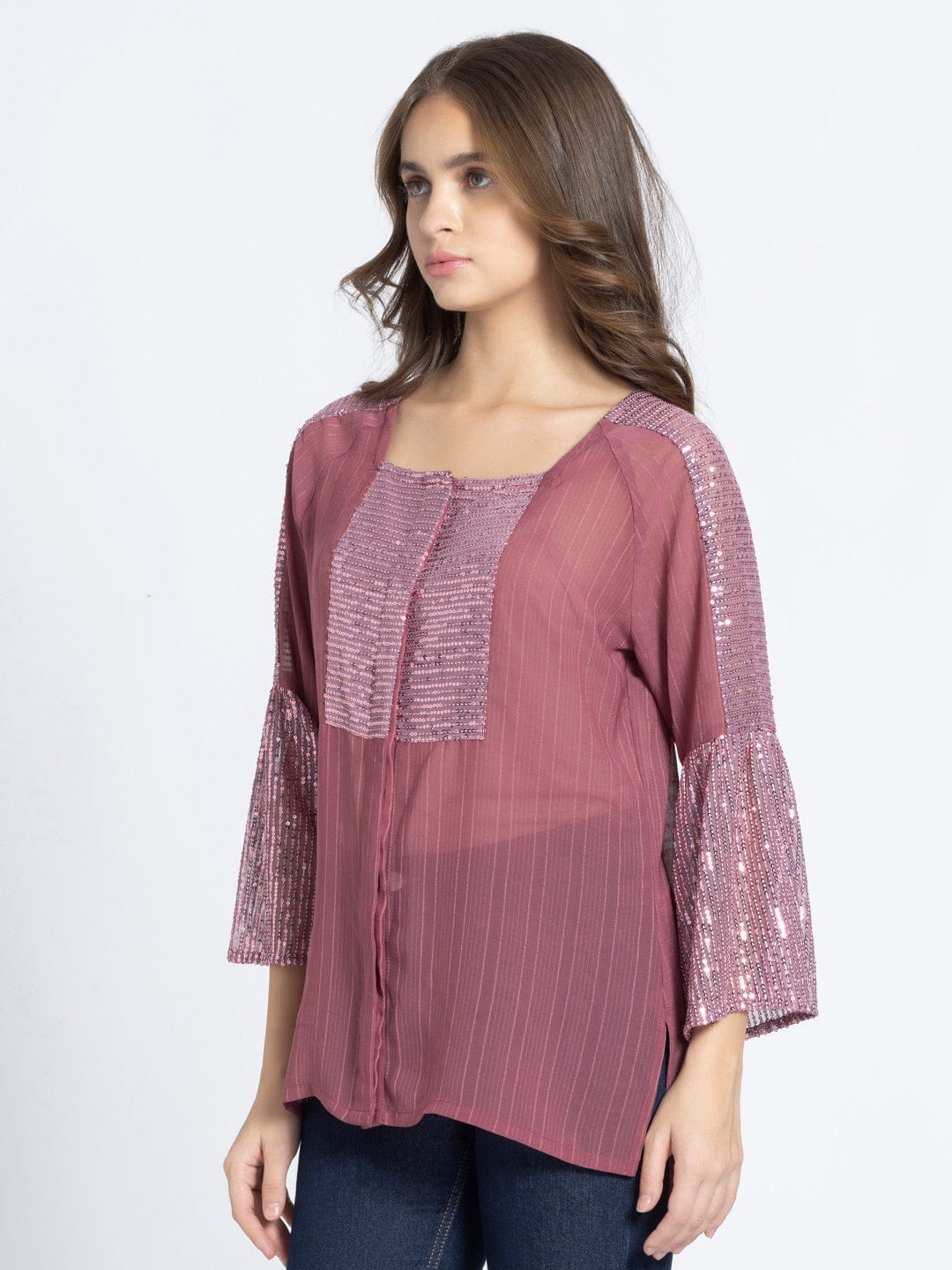Dusk Rose Sequin Panelled Front Open Kurti