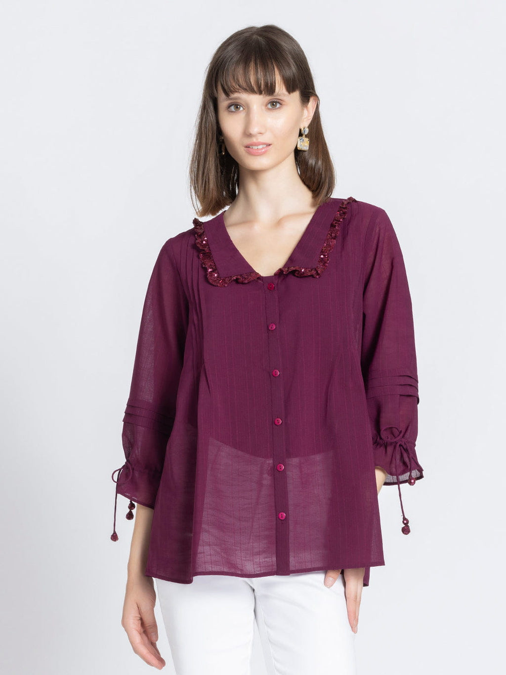 Wine Sequins Front Open Kurti
