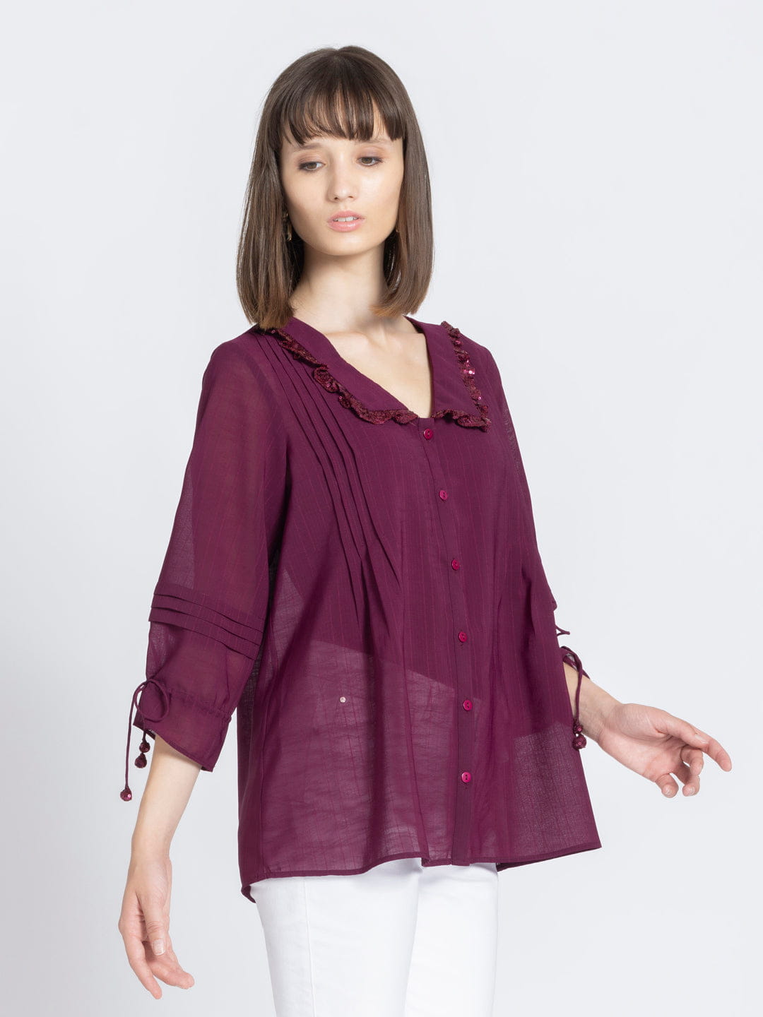 Wine Sequins Front Open Kurti