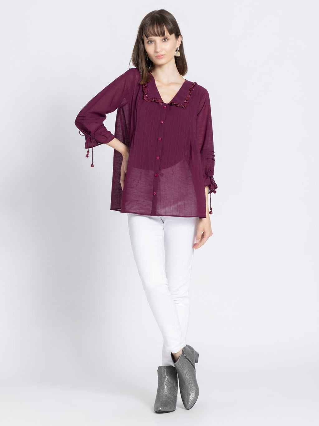 Wine Sequins Front Open Kurti