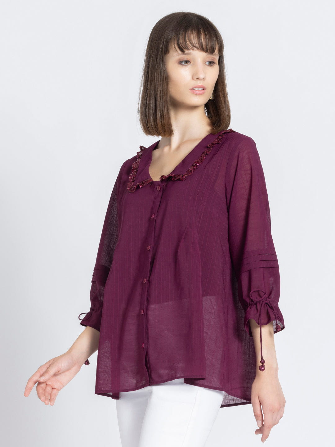 Wine Sequins Front Open Kurti