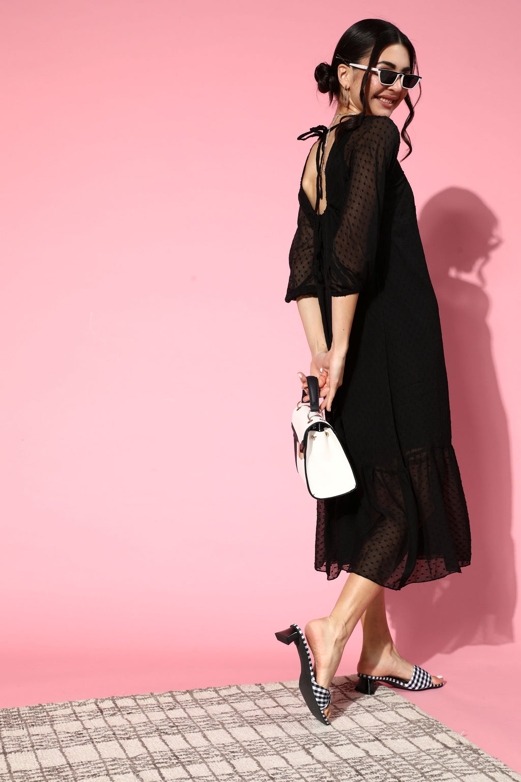 Athena Black Dobby Chiffon Trapeze Dress With Backless Detail