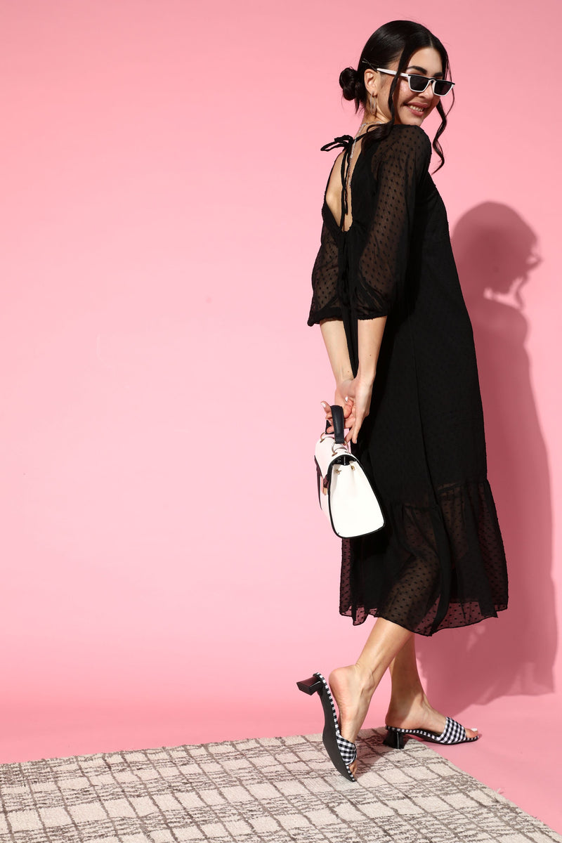 Athena Black Dobby Chiffon Trapeze Dress With Backless Detail