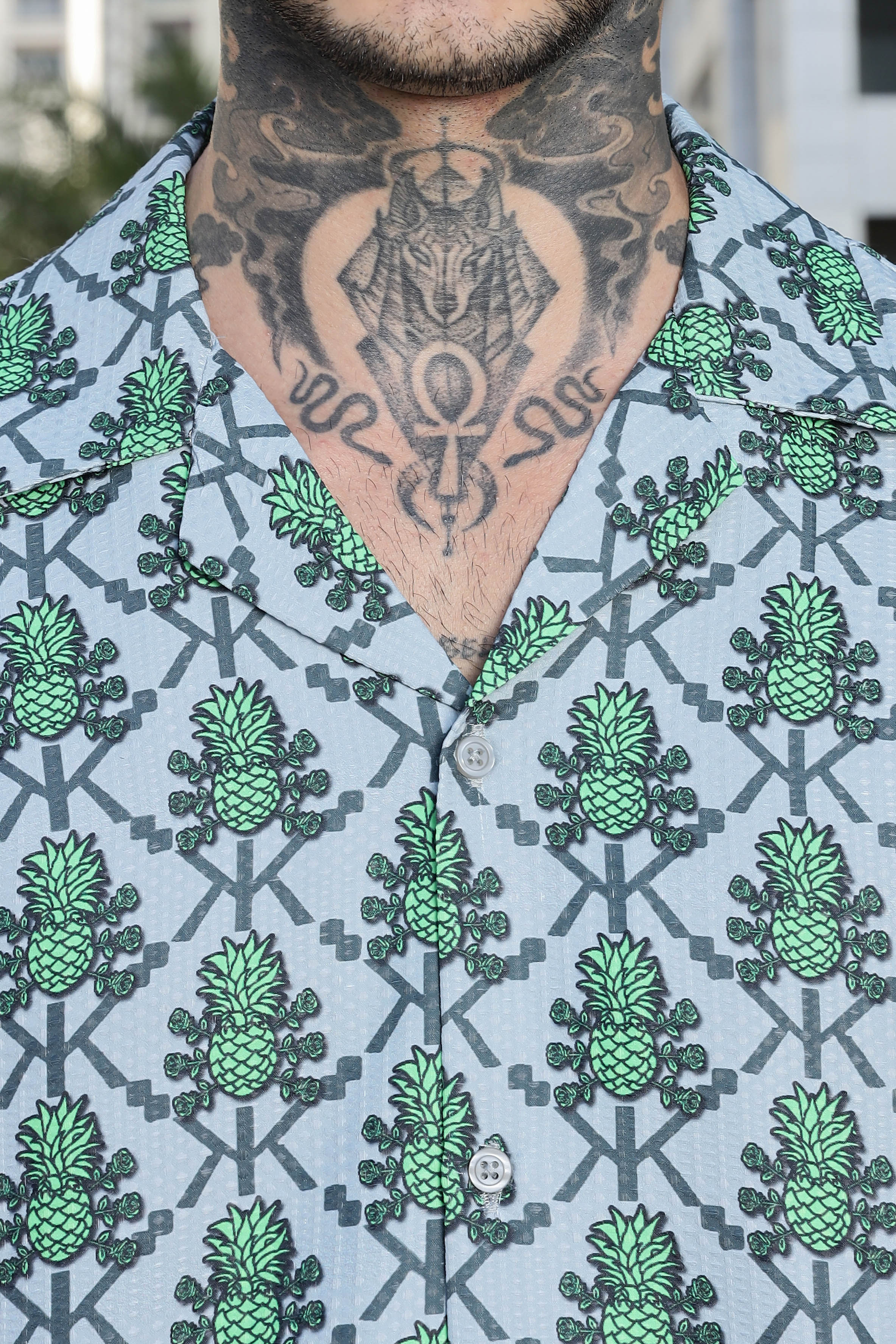 Green Tropical Print Textured Fabric Relaxed Fit Resort Shirt
