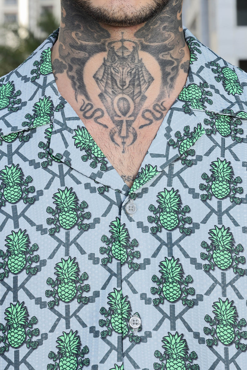 Green Tropical Print Textured Fabric Relaxed Fit Resort Shirt