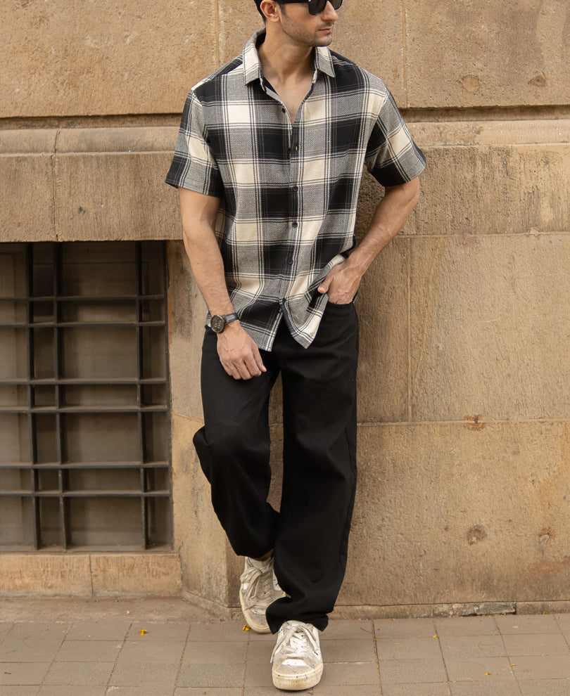 Black Regular Fit Structured Checks Shirt