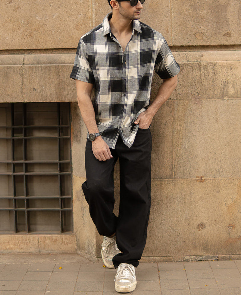 Black Regular Fit Structured Checks Shirt