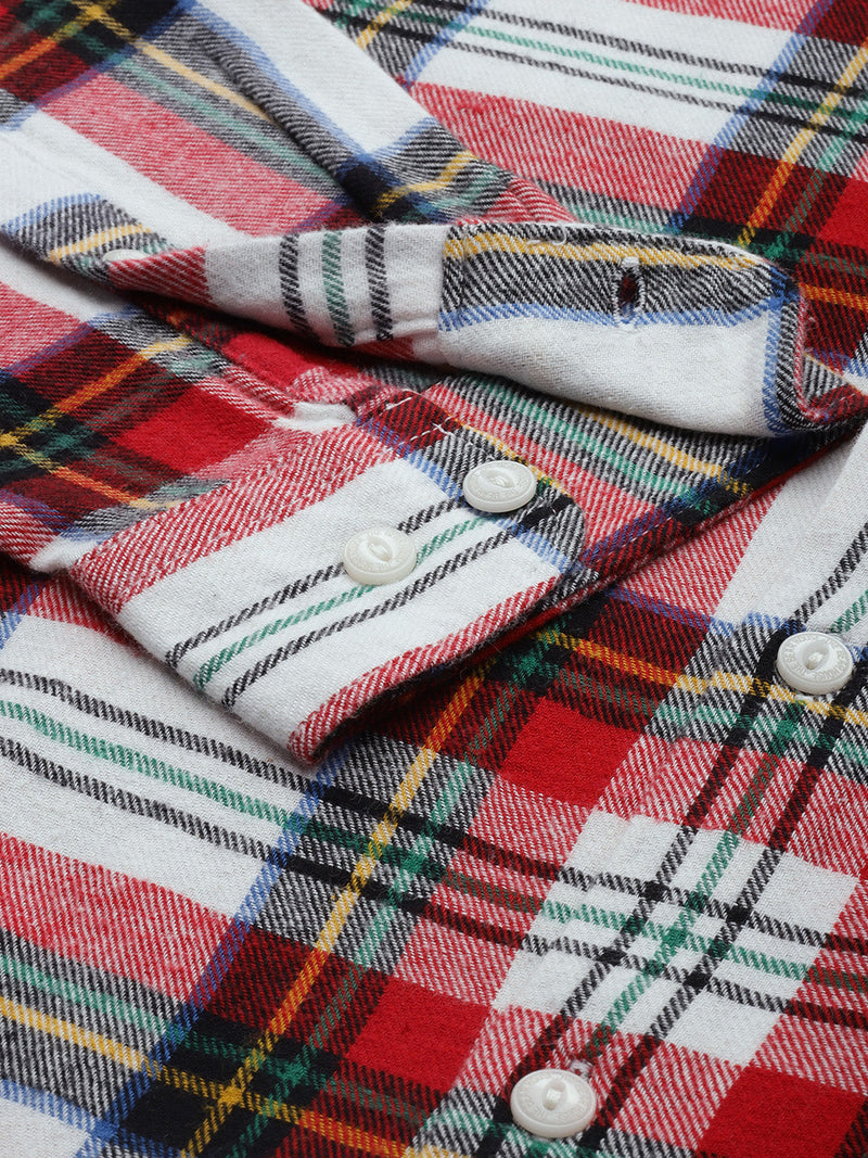 Ravelo - Men White & Red Slim Fit Checked Cotton Flannel Casual Shirt