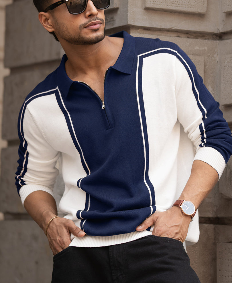 Navy-White Colour Blocked Polo T-Shirt