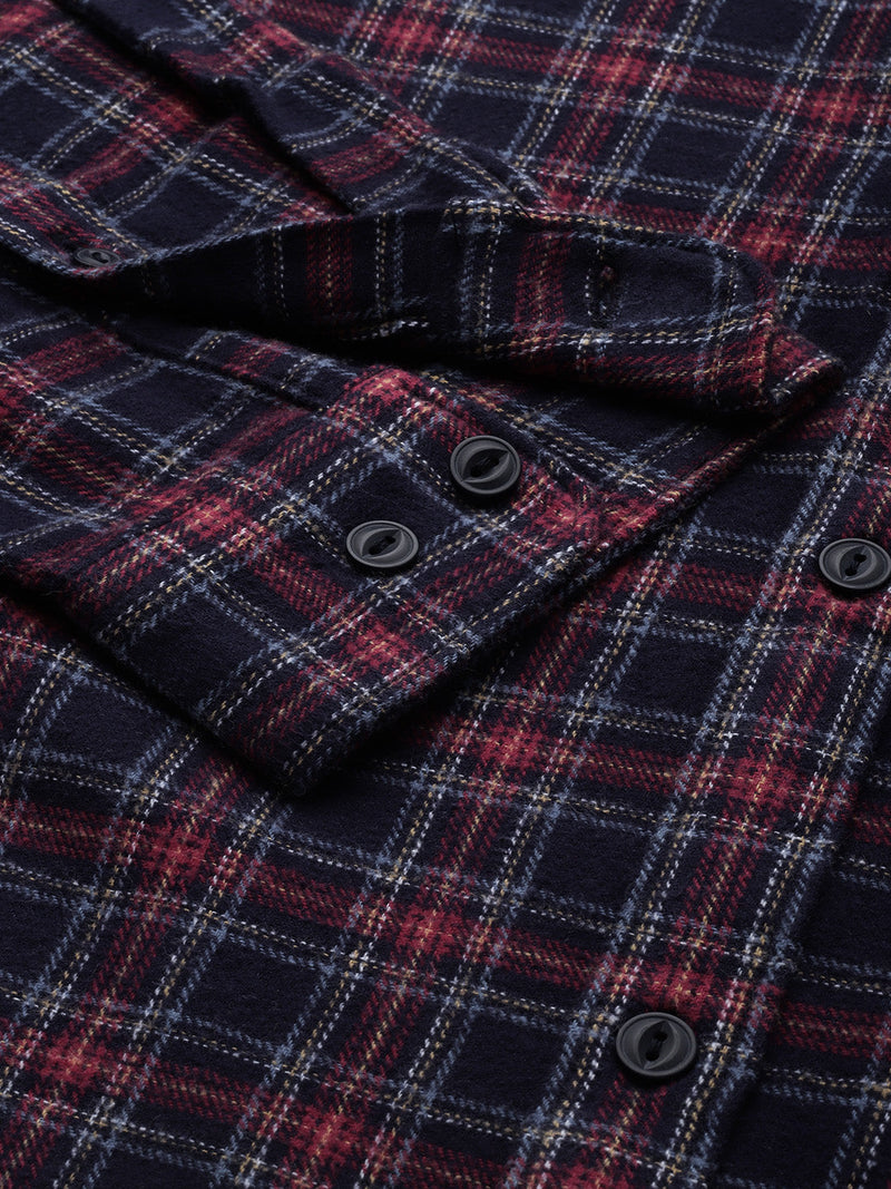 Aride - Men Navy Blue & Maroon Slim Fit Checked Flannel Cotton Casual Shirt