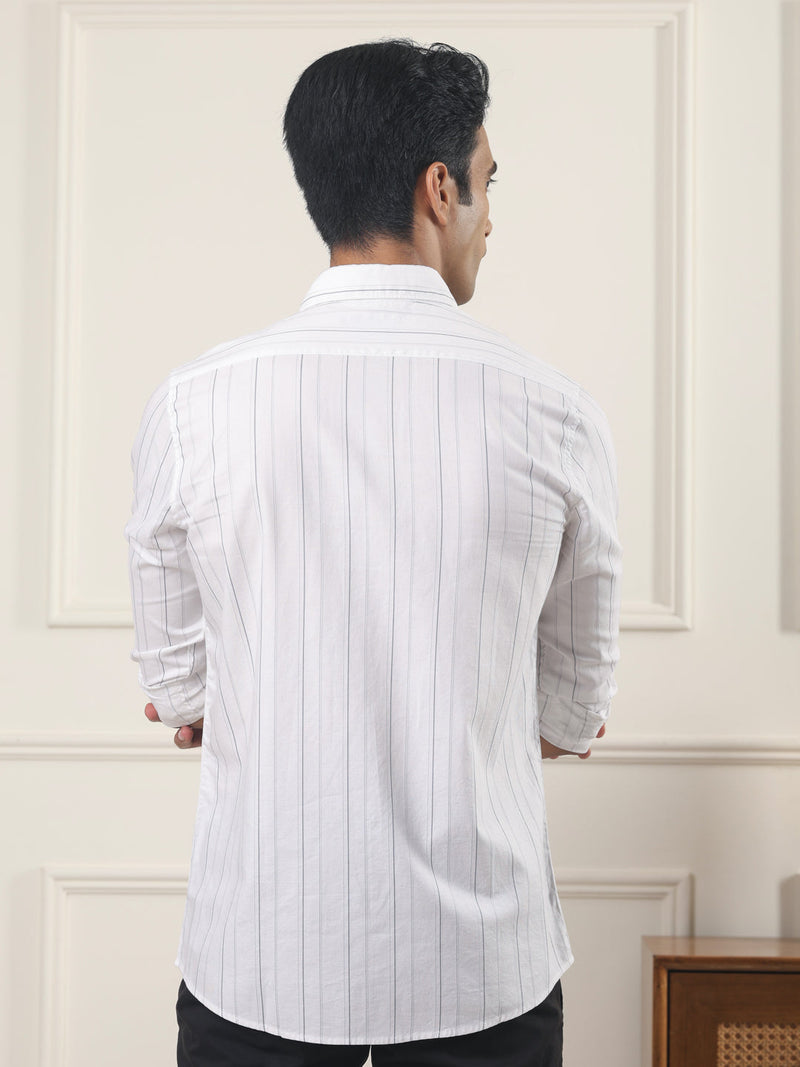 Cotton Striped Casual Shirt in White - Comfort Fit