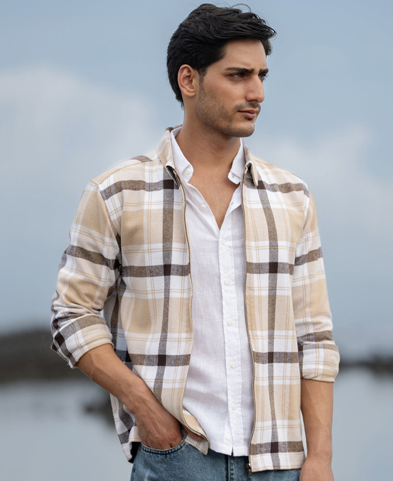 Beige Checks Zipper Shirt