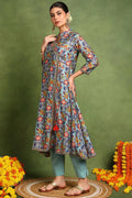 Blue Hand Block Printed Chanderi Silk Angrakha Kurta
